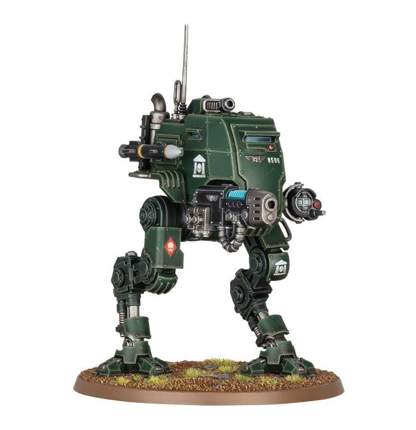 A Warhammer 40k Astra Militarum Armoured Sentinel model with detailed armor and weaponry, painted in military green.