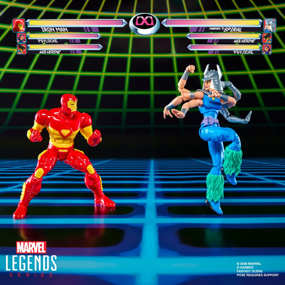 Marvel Legends Iron Man and Spiral 6-inch action figures by Hasbro, showing detailed character poses and vibrant costumes.