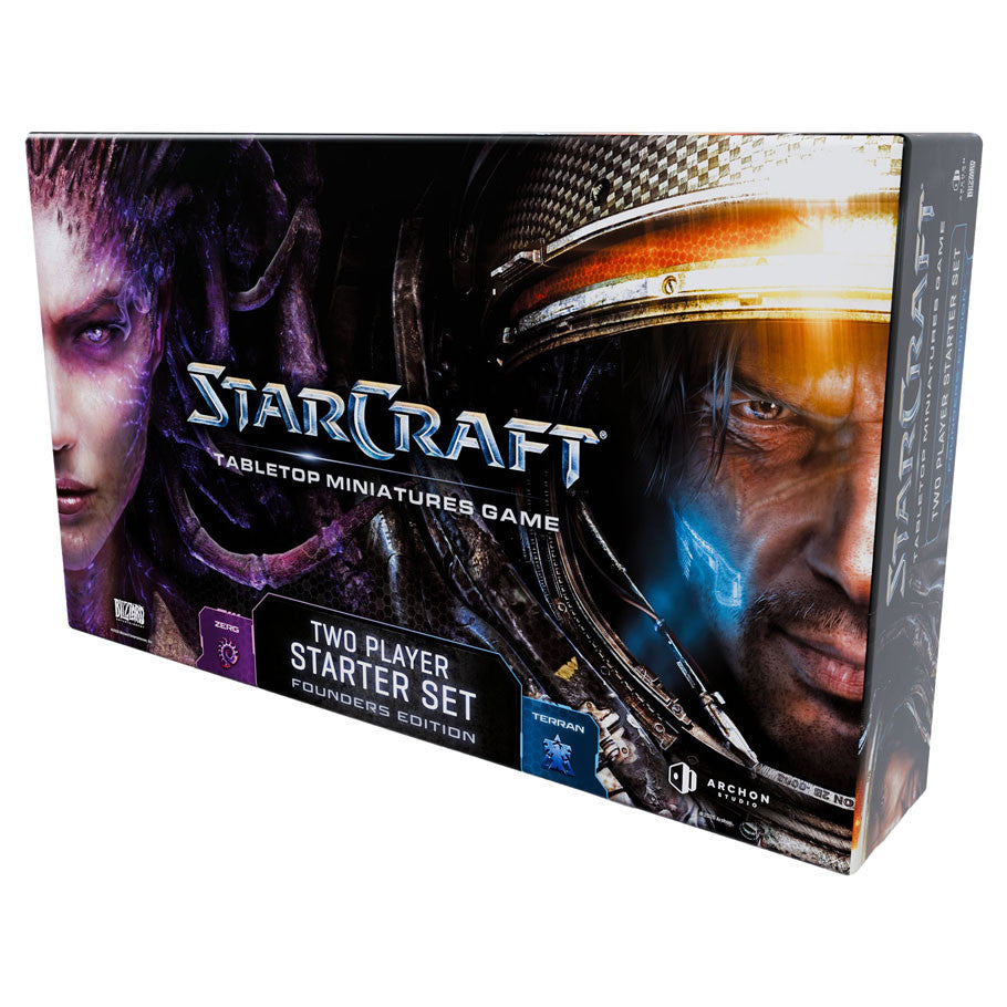 StarCraft tabletop miniatures game 2-player starter set with colorful game box and miniature figures for strategic gameplay