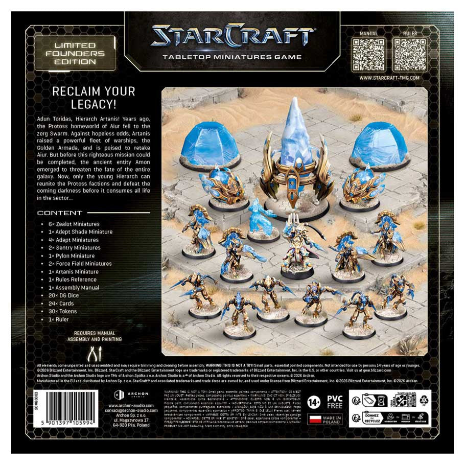 StarCraft tabletop miniatures game Protoss starter set with detailed figures and game components for strategic play.