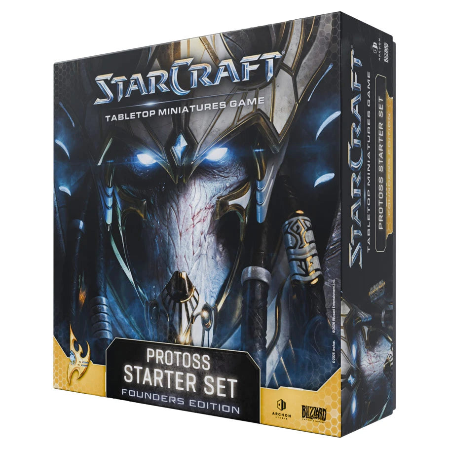 StarCraft tabletop miniatures game Protoss Starter Set Founders Edition box with miniatures and game components.