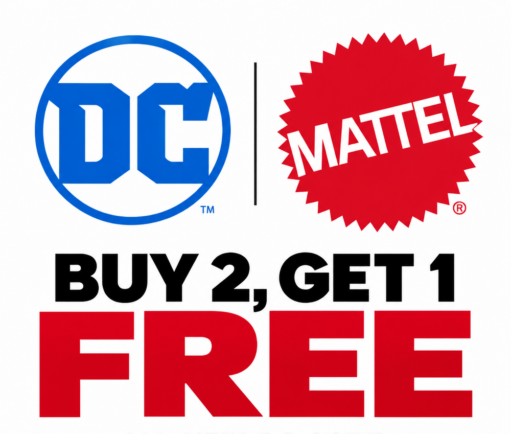 Promotional graphic for a DC and Mattel buy 2 get 1 free offer, featuring the DC logo in blue, the Mattel logo in red, and large text reading 'BUY 2, GET 1 FREE' with smaller text 'ALL NEW DC CORE MATTEL ACTION FIGURES' on a white background.