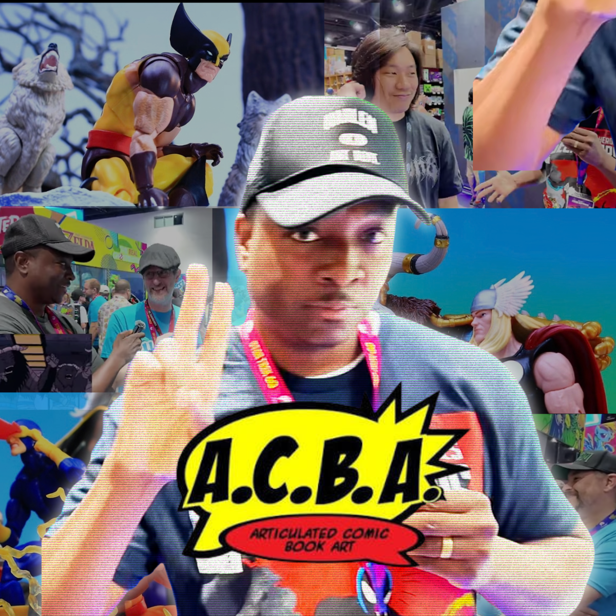 A busy collage-style promotional graphic featuring a man in a gray cap and blue shirt making a peace sign, surrounded by comic-themed artwork, convention scenes, and large text reading 'A.C.