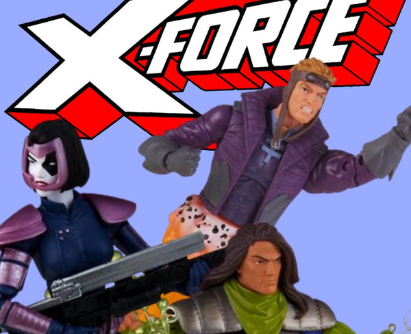 Three X-Force action figures posed together against a light blue background with a large red, white, and black X-Force logo at the top. The figures include a white and purple armored character, a purple-clad character floating above, and a green-garmented character in the foreground.