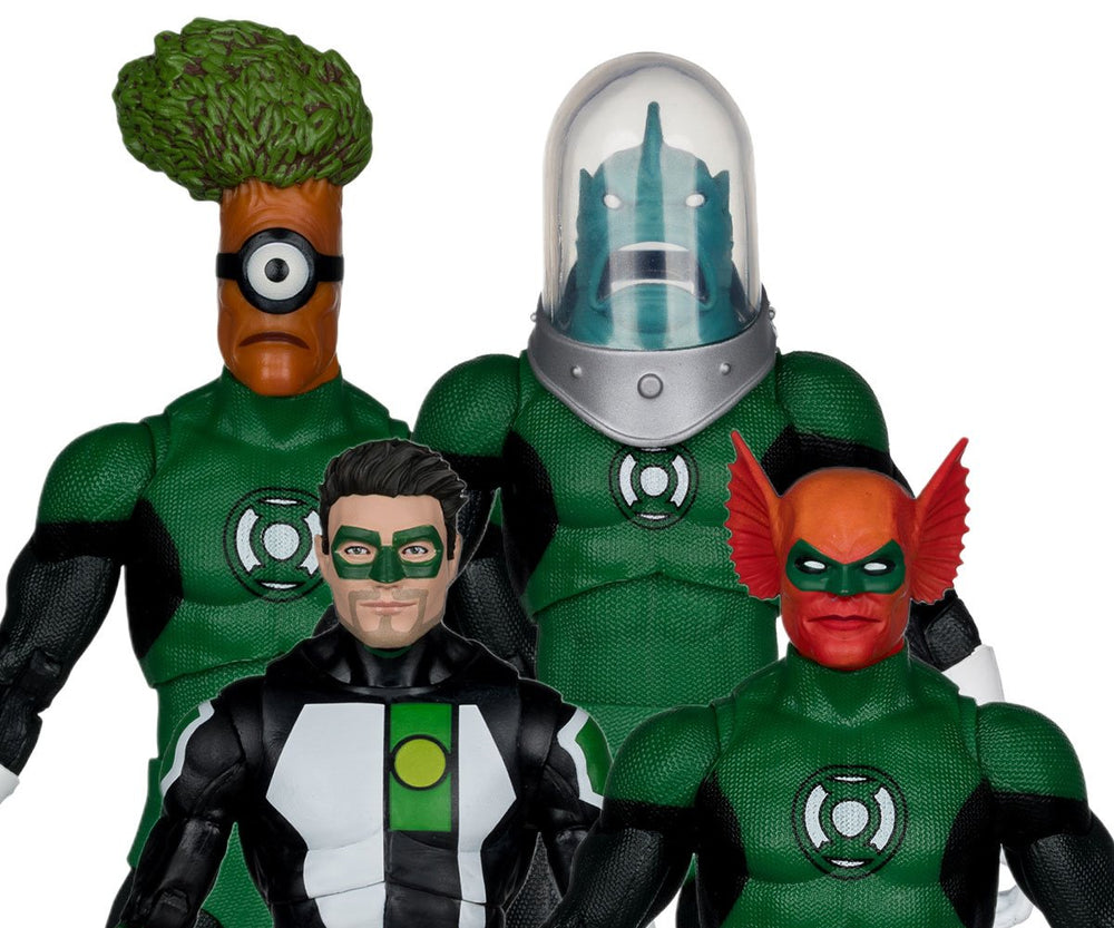 Four Green Lantern action figures posed together on a plain white background, including a figure with a green tree head, a figure with a clear dome helmet, a red-skinned figure with wing-like ears, and a black-and-white figure with a green lantern emblem.