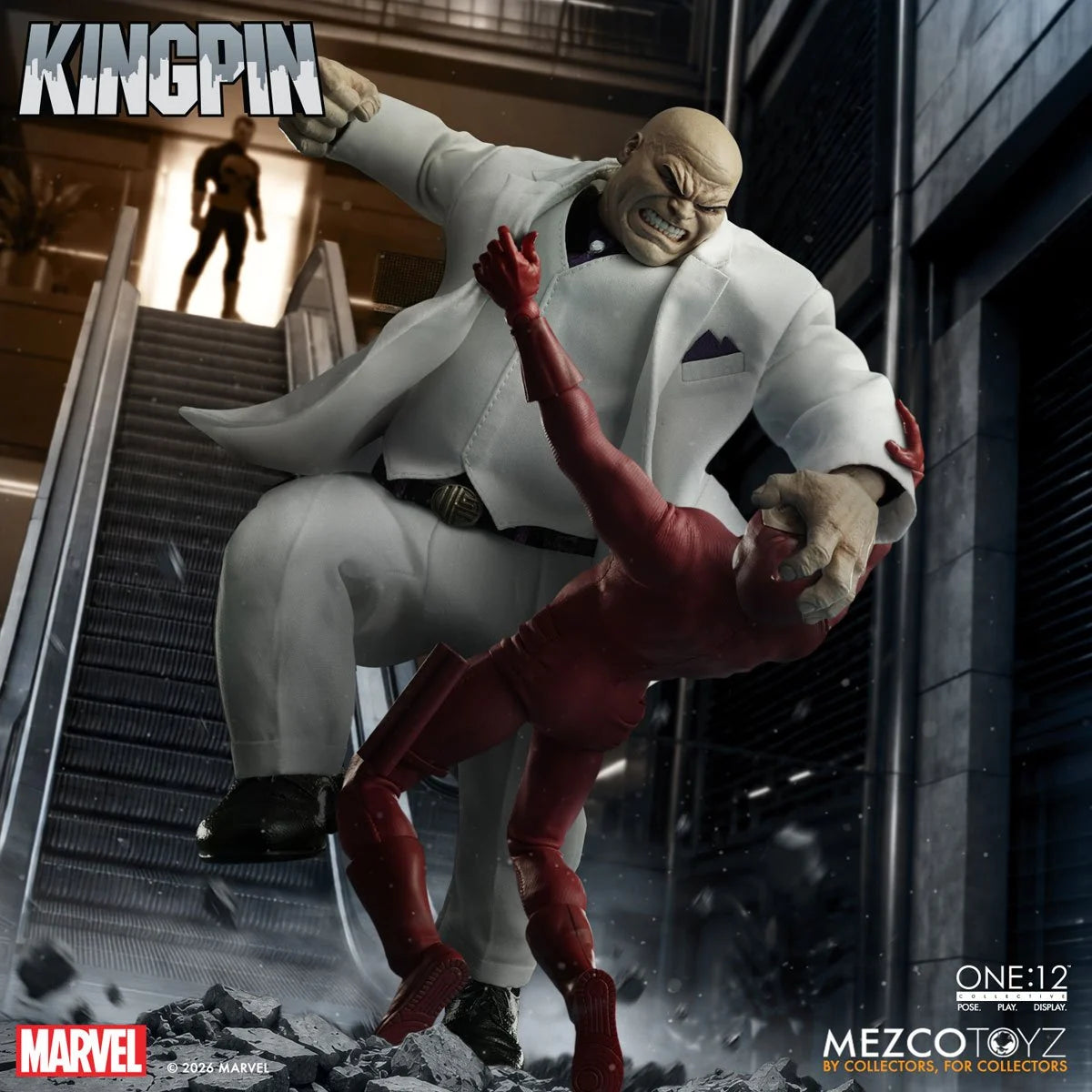 Kingpin One:12 Collective action figure by Mezco Toyz, detailed Marvel villain figure with poseable joints and intricate costume.