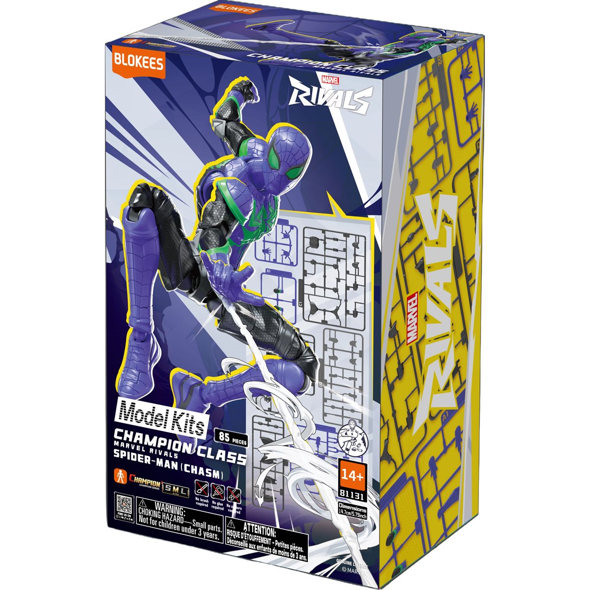 BLOKEES Marvel Rivals Spider-Man Chasm model kit box with detailed Spider-Man figure and chasm background for display and assembly.