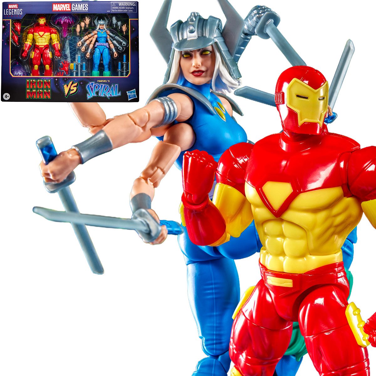 Marvel Legends Iron Man and Spiral 6-inch action figures by Hasbro, featuring detailed superhero character designs.