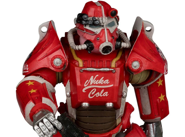 A red and white Power Armor action figure from Fallout, featuring 'Nuka-Cola' branding on the chest and shoulder armor, with yellow stars on the arms and legs, set against a plain white background.