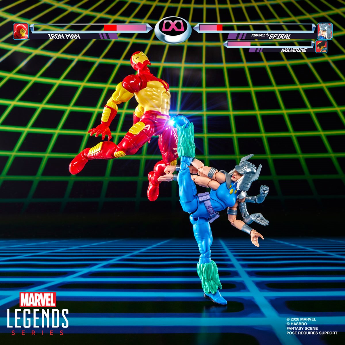 Marvel Legends Iron Man and Spiral 6-inch action figures by Hasbro displayed together, showcasing detailed superhero character designs.