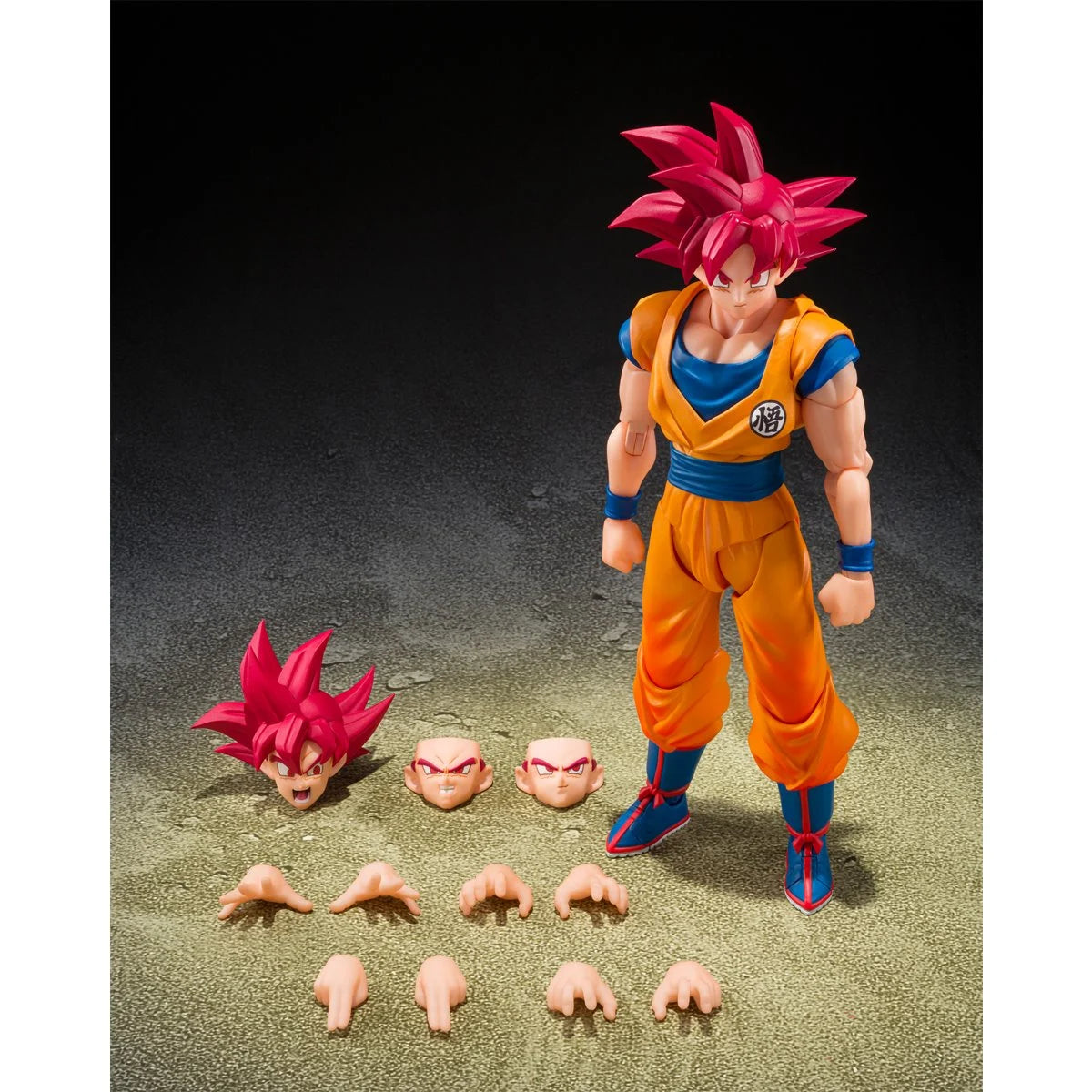 Bandai S.H. Figuarts Dragon Ball Super Saiyan God Son Goku action figure with glowing god aura and detailed costume.