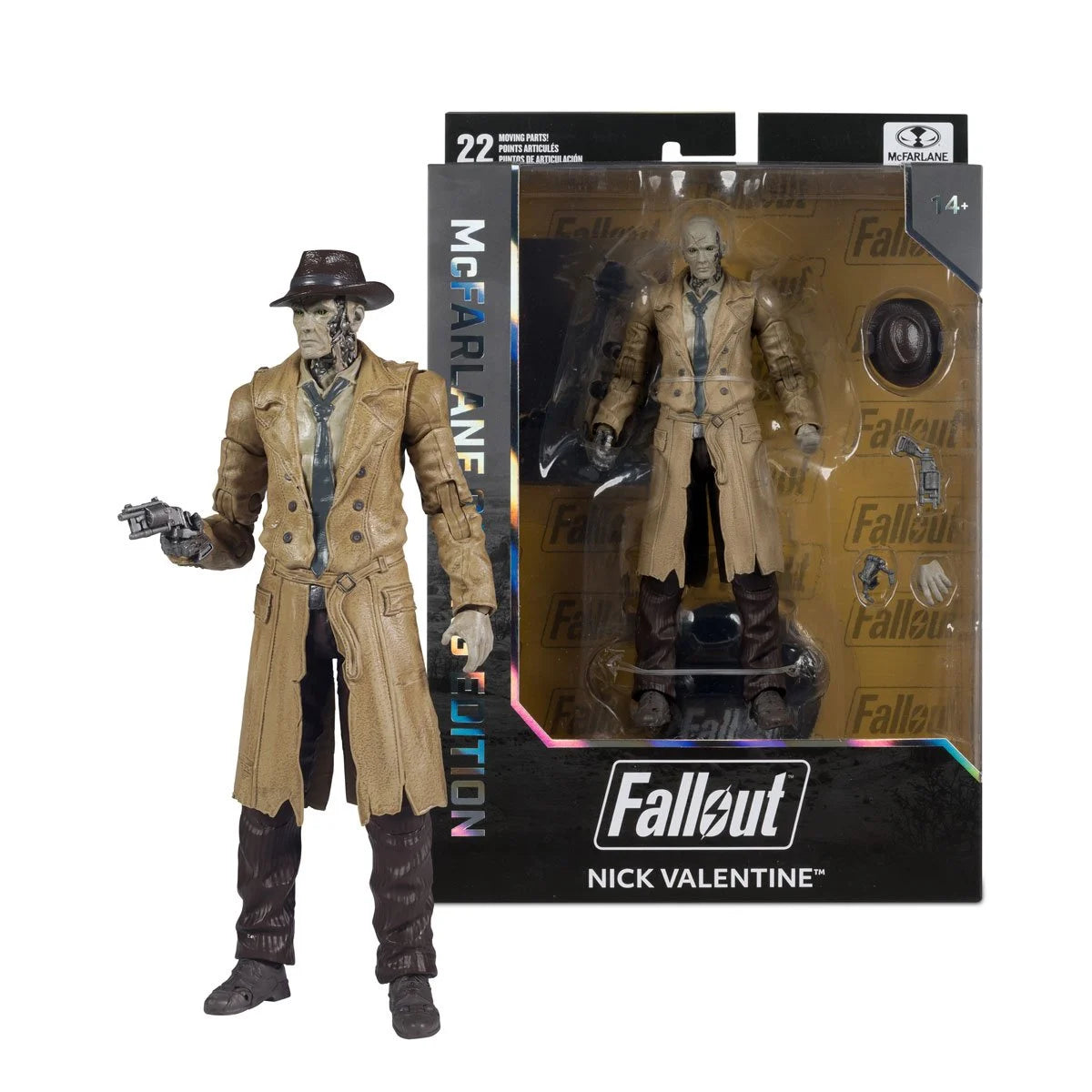 Fallout Nick Valentine Gaming Edition 7-inch action figure by McFarlane Toys, detailed figure with themed accessories.