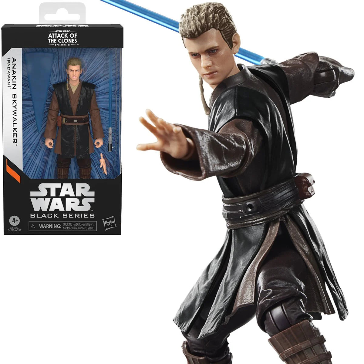 Star Wars Black Series Anakin Skywalker (Padawan) 6-inch action figure by Hasbro, detailed with Jedi robes and lightsaber.