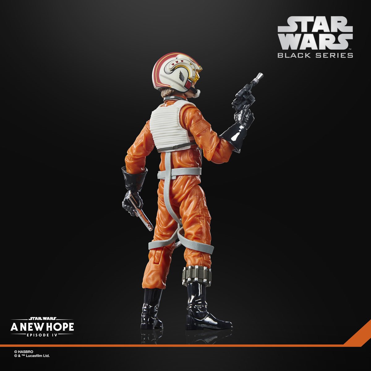 Star Wars Black Series Luke Skywalker 6-inch action figure in X-Wing pilot uniform with helmet and accessories, posed standing.