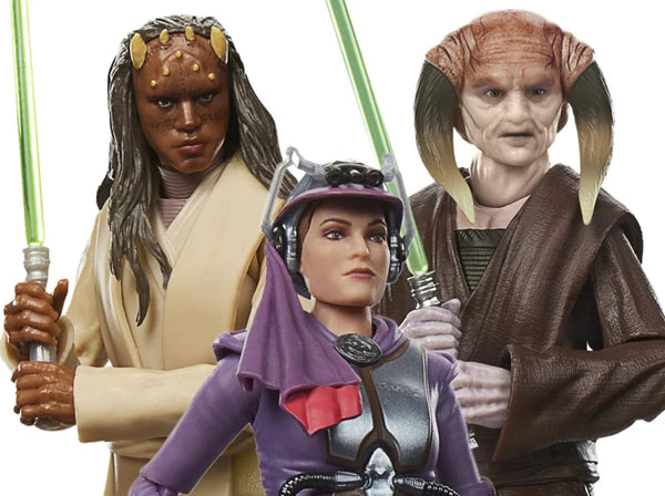 Three Star Wars action figures posed together against a plain white background: a female figure in purple armor in front, with two humanoid figures behind her holding green lightsabers.