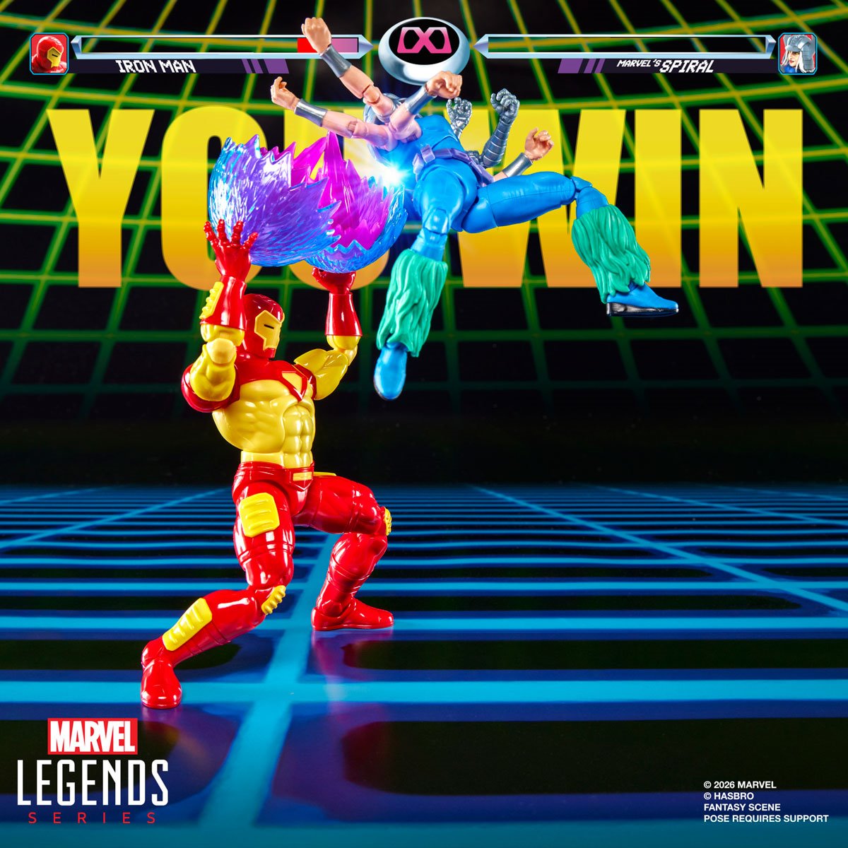 Marvel Legends Iron Man and Spiral 6-inch action figures by Hasbro displayed together, showcasing detailed Marvel superhero characters.