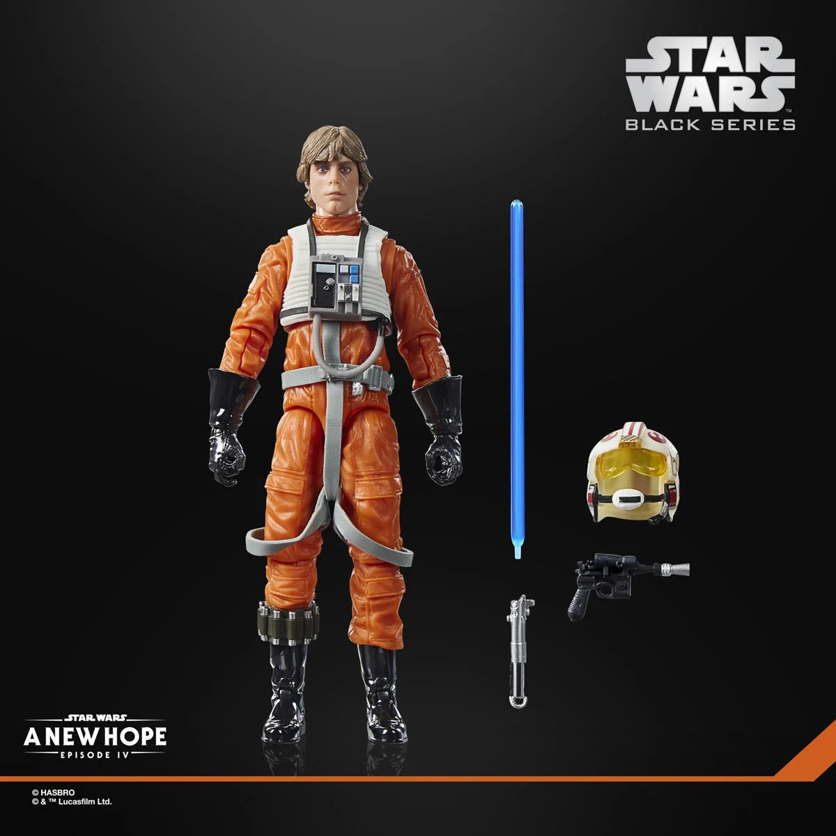 Star Wars Black Series Luke Skywalker 6-inch action figure in X-Wing pilot costume, with detailed costume and accessories.