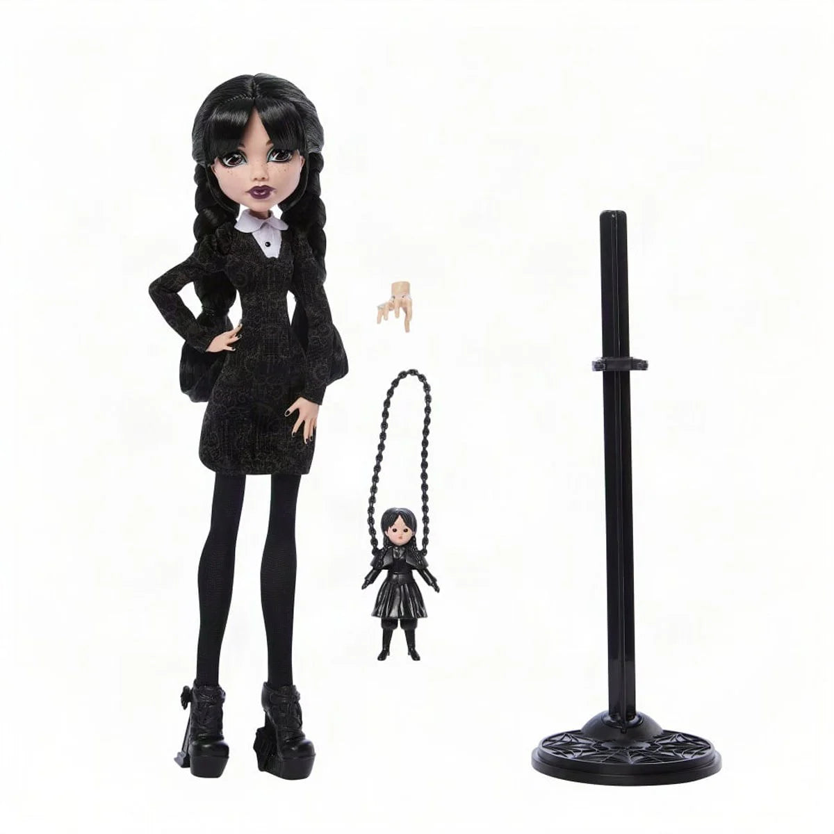 Mattel Monster High Wednesday Addams doll from the Wednesday series, featuring her signature gothic outfit and dark hairstyle.