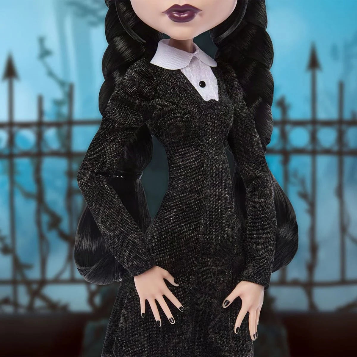 Mattel Monster High Wednesday Addams doll from the Wednesday series, featuring her signature gothic style and detailed outfit.