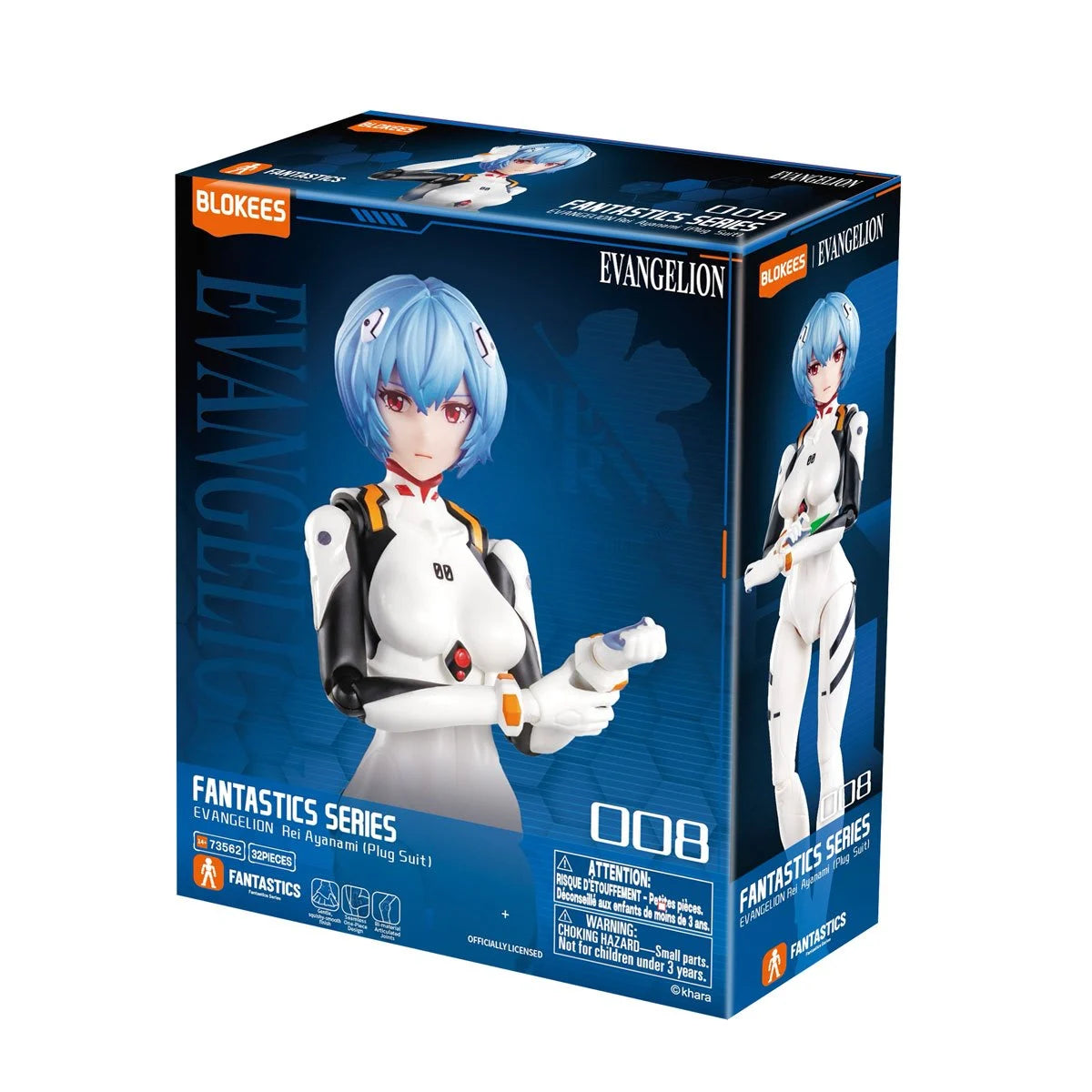 BLOKEES Neon Genesis Evangelion Fantastics Series Rei Ayanami plug suit model kit, detailed figure with vibrant colors and intricate design.