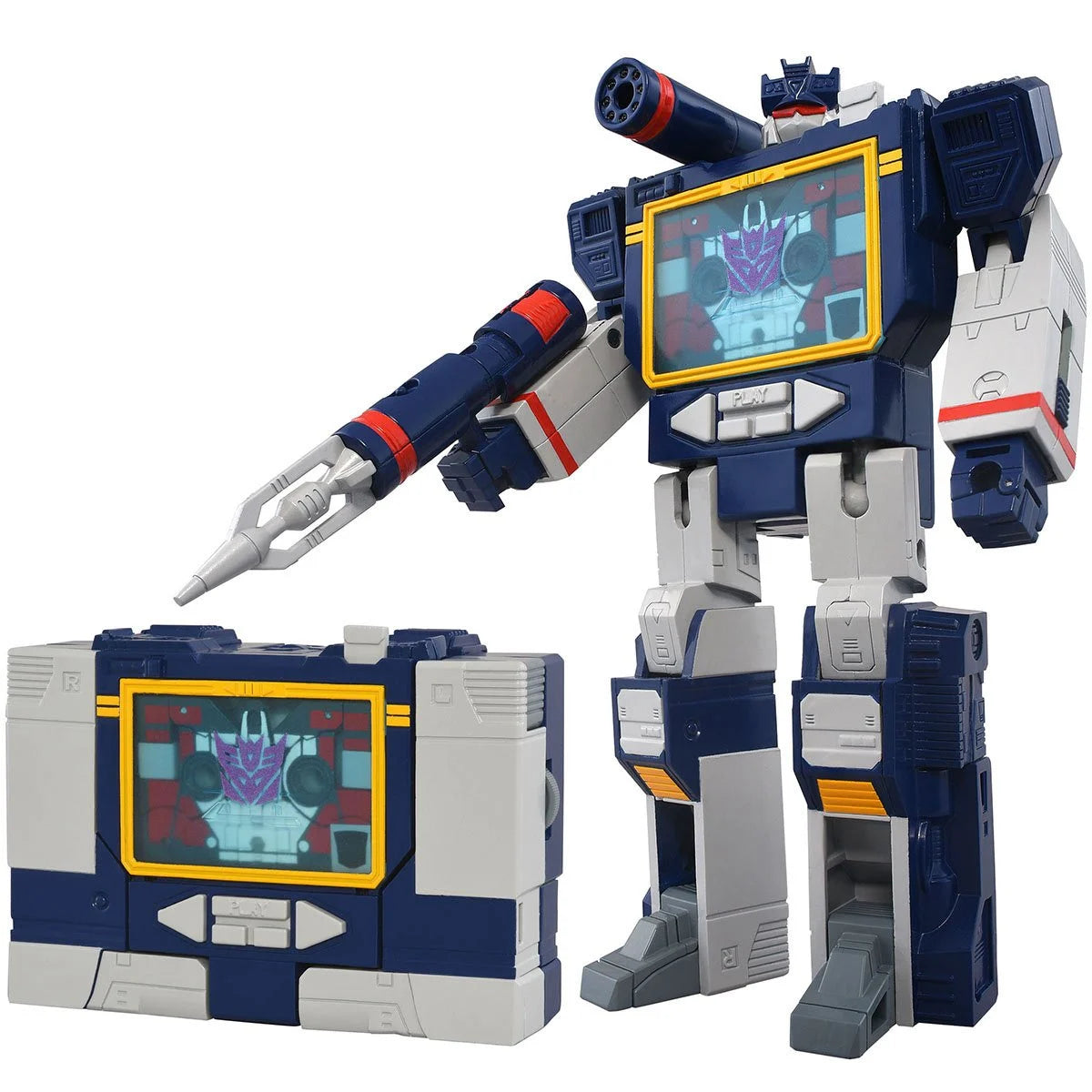 Transformers Missing Link D-02 Soundwave figure by Hasbro, anime-style robot with detailed blue and silver accents, posed for display.