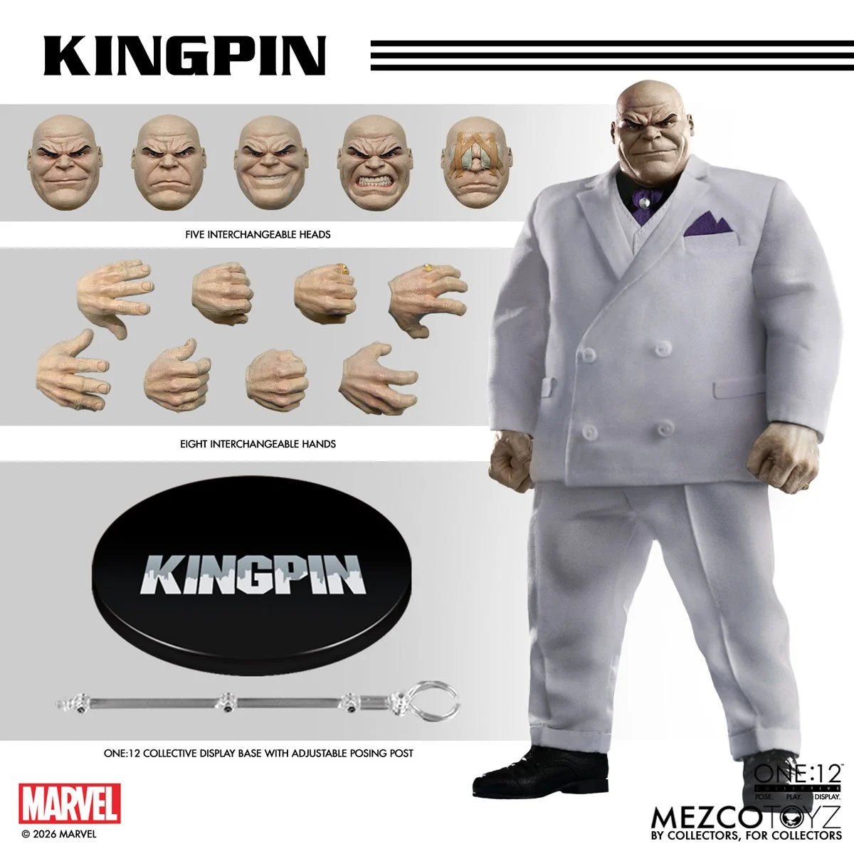 Kingpin One:12 Collective action figure by Mezco Toyz featuring detailed sculpt and costume, posed with accessories.