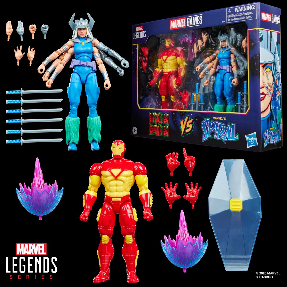 Marvel Legends Iron Man and Spiral 6-inch action figures by Hasbro, detailed superhero collectibles, front view.