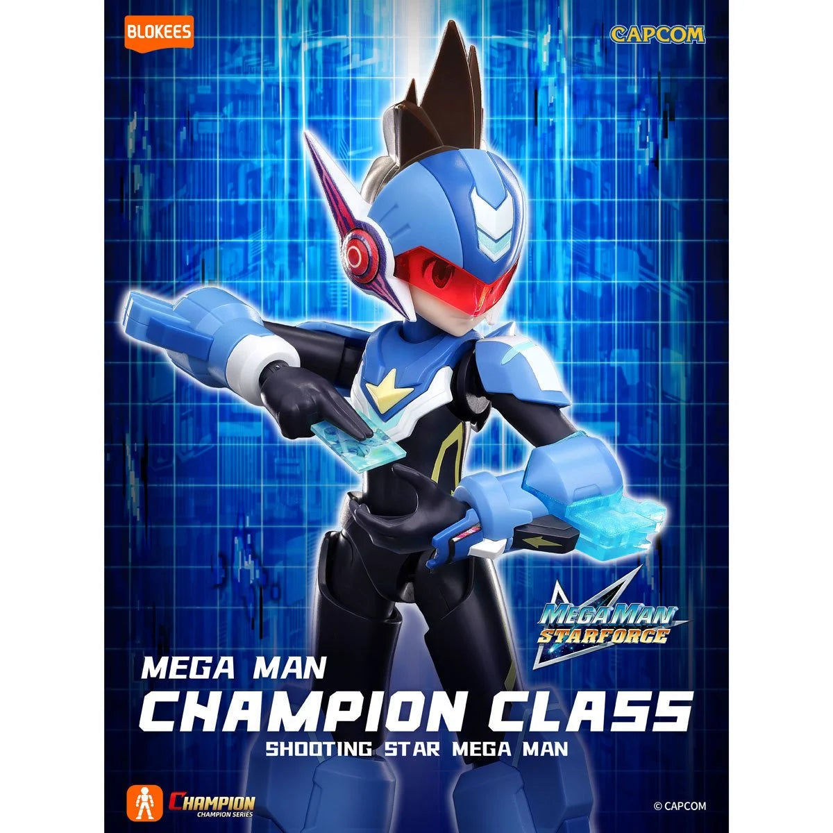 BLOKEES Mega Man Shooting Star Champion Class 01 model kit featuring detailed Mega Man figure in dynamic pose.