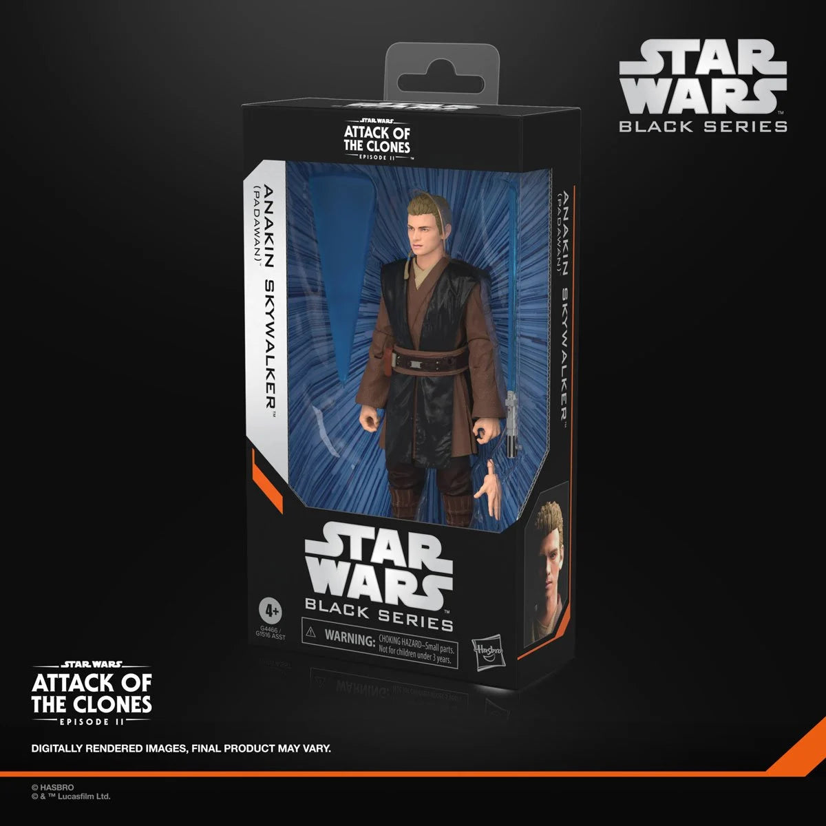 Star Wars Black Series Anakin Skywalker Padawan 6-inch action figure by Hasbro, detailed with lightsaber and Jedi robes.