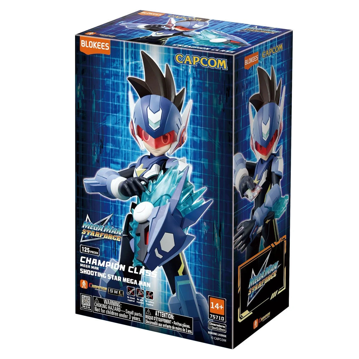 Mega Man Shooting Star Mega Man Champion Class 01 Model Kit by BLOKEES, featuring detailed parts and vibrant colors in an assembled pose.