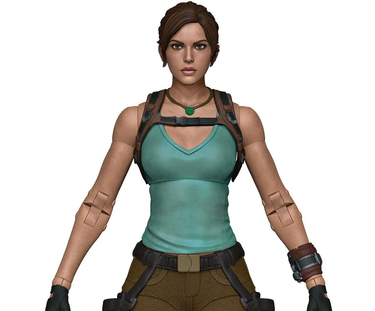 A 3D-rendered female character shown from head to mid-thigh against a plain white background, wearing a teal tank top, brown shorts, black utility harnesses and gloves, with a green pendant necklace.