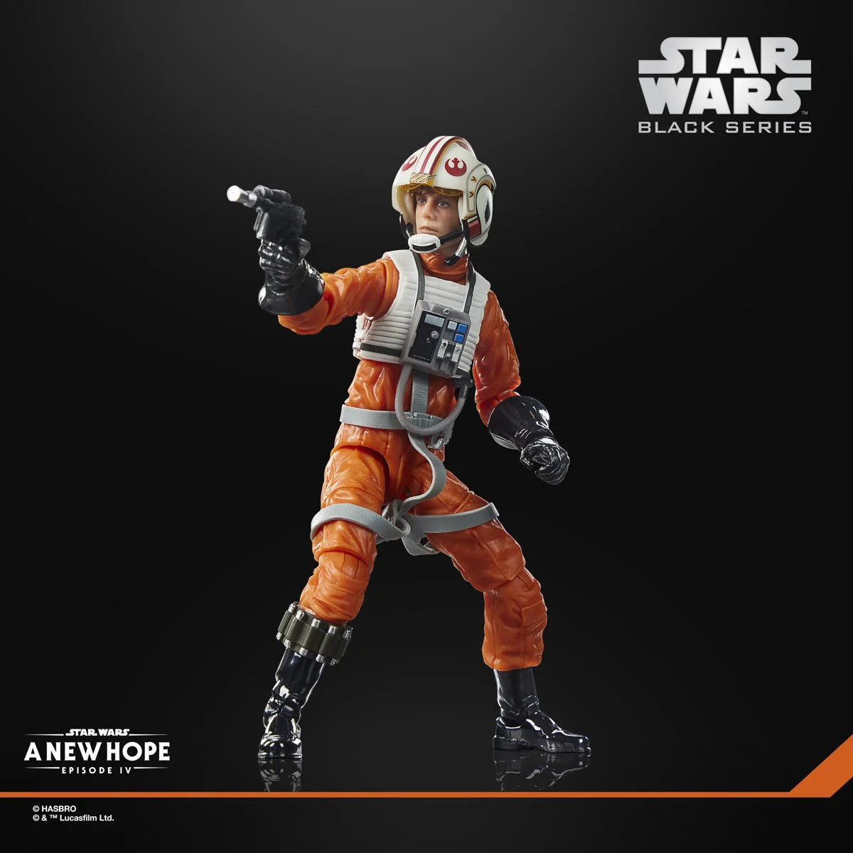 Star Wars Black Series Luke Skywalker X-Wing Pilot action figure by Hasbro, detailed 6-inch collectible with helmet and pilot gear.
