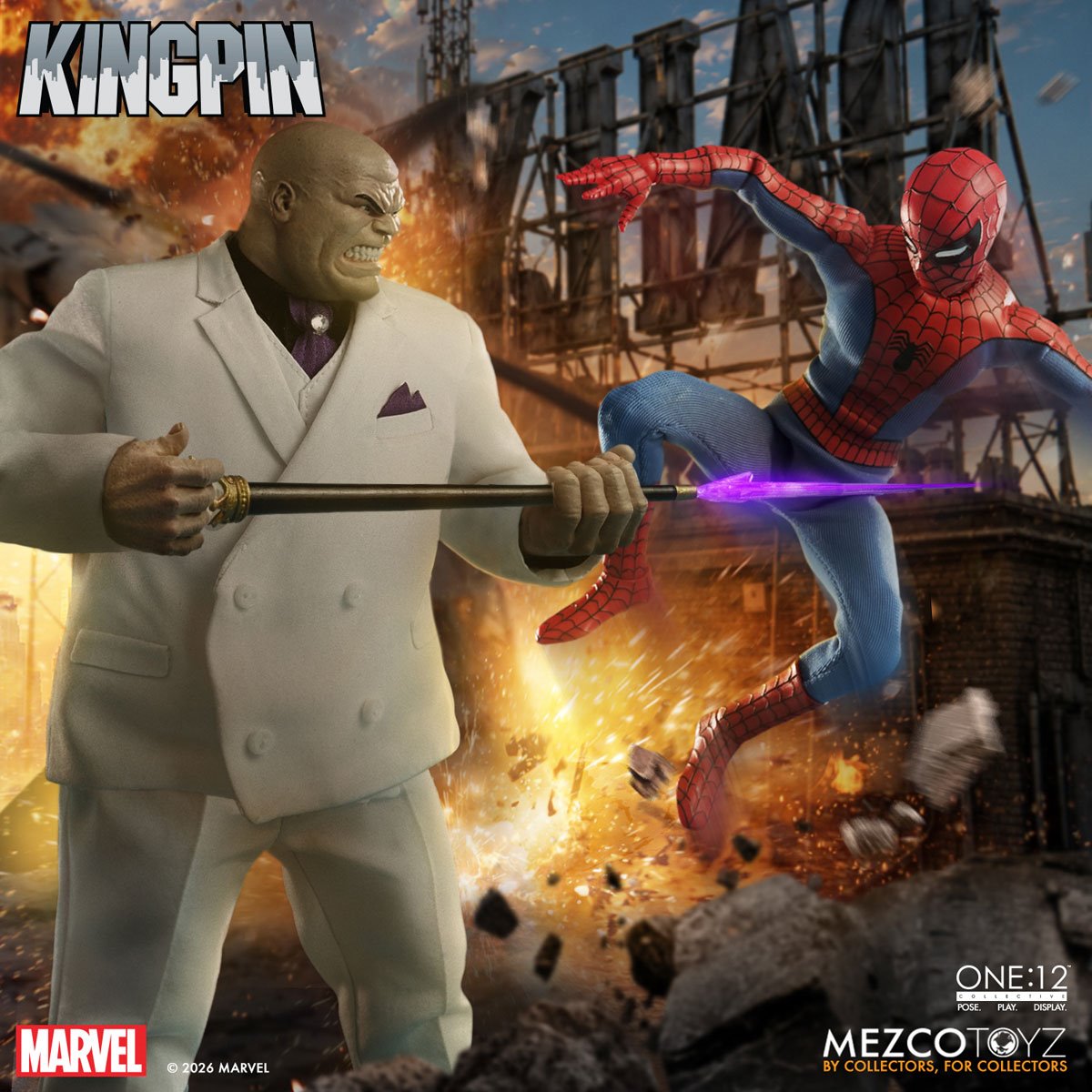 Kingpin One:12 Collective action figure by Mezco Toyz, detailed Marvel villain with articulated pose and intricate costume features.