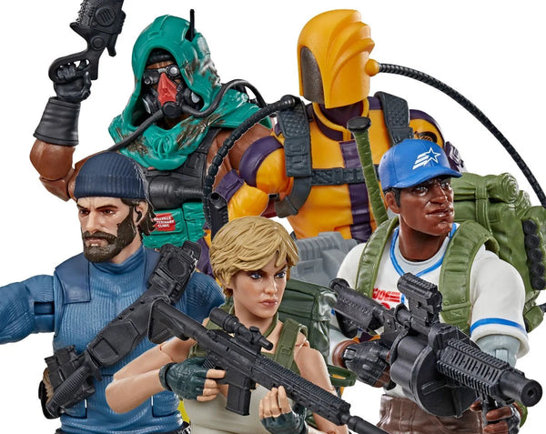Five military and tactical action figure characters posed together on a plain white background, each holding a rifle and wearing detailed uniforms and gear.