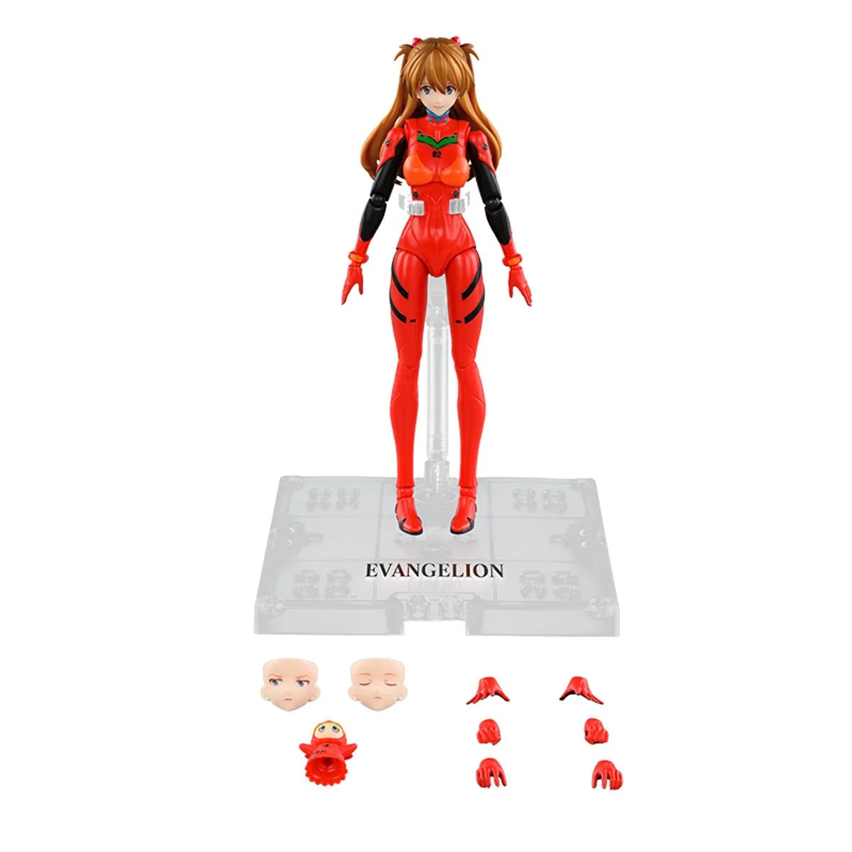 BLOKEES Neon Genesis Evangelion Asuka Shikinami Langley plug suit model kit in vibrant red and black, detailed and assembled.