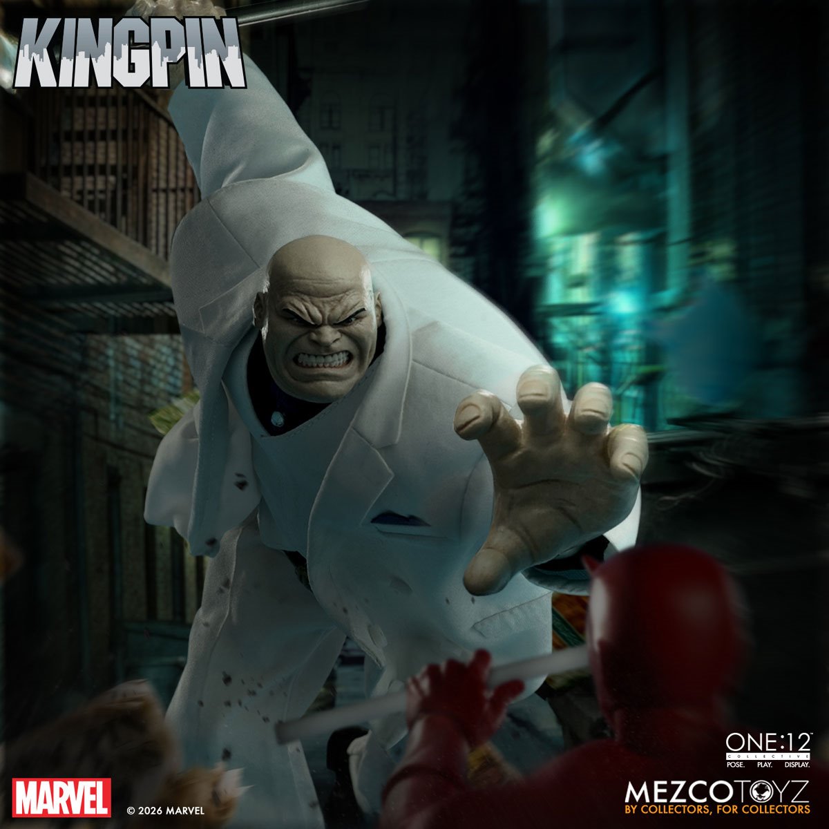 Kingpin One:12 Collective action figure by Mezco Toyz, detailed Marvel villain with intricate costume and pose.