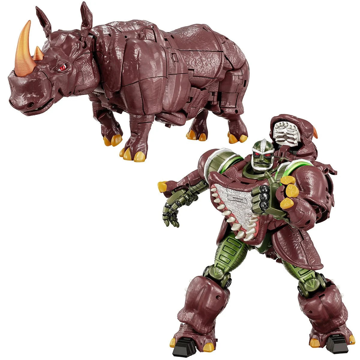 Transformers Masterpiece MPG-26 Destron Predacon Rhinox figure by Hasbro, detailed robot mode with green and brown accents.