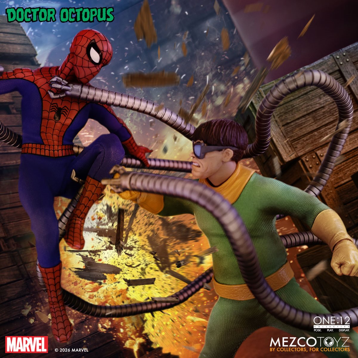 Doctor Octopus One:12 Collective action figure by New Meta featuring detailed armor and mechanical arms in dynamic pose.