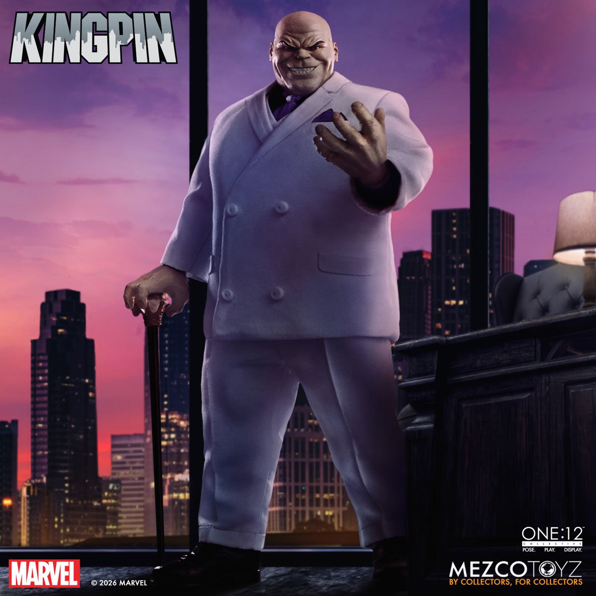 Kingpin One:12 Collective action figure by Mezco Toyz, detailed Marvel villain with articulated limbs and intricate costume design.