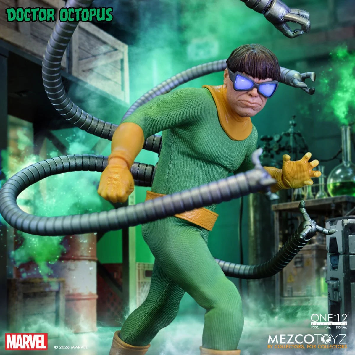 Doctor Octopus One:12 Collective action figure by New Meta featuring detailed robotic arms and classic superhero costume.
