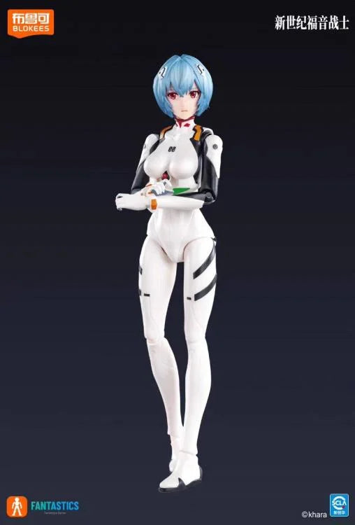 BLOKEES Neon Genesis Evangelion Rei Ayanami plug suit model kit with detailed parts displayed on a white background.
