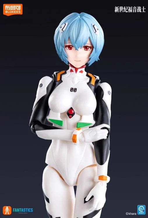 BLOKEES Neon Genesis Evangelion Rei Ayanami plug suit model kit, detailed figure with blue and white plugsuit design, front view.