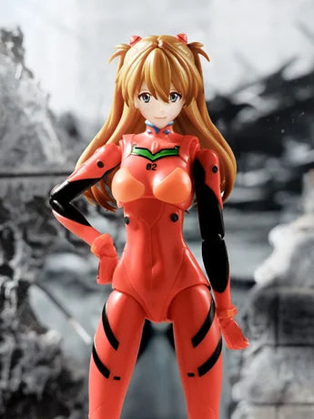 BLOKEES Neon Genesis Evangelion Asuka Shikinami Langley plug suit model kit, detailed figure with vibrant colors and intricate design.