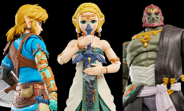 Three collectible action figures from The Legend of Zelda series shown side by side against a black background: Link in blue and tan armor, Zelda in a green dress holding the Royal Sword, and a green-skinned beast warrior with a pink headpiece.